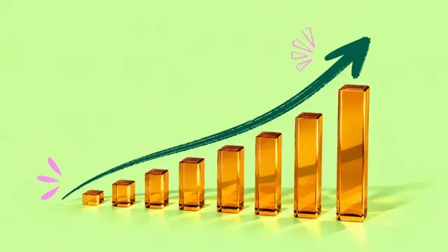 Bar chart showing consistent growth with an upward trending arrow